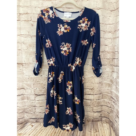 French Grey Dress Womens Medium Navy Blue Fit & Flare Stretch Flowy Roll Tab - Picture 1 of 12